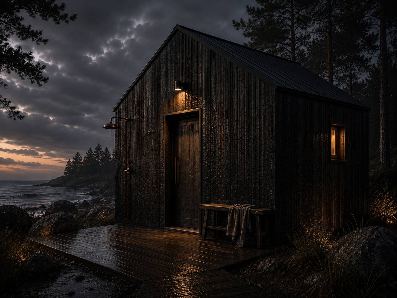 A dark timber thermal house standing quietly at dusk on a rocky shoreline