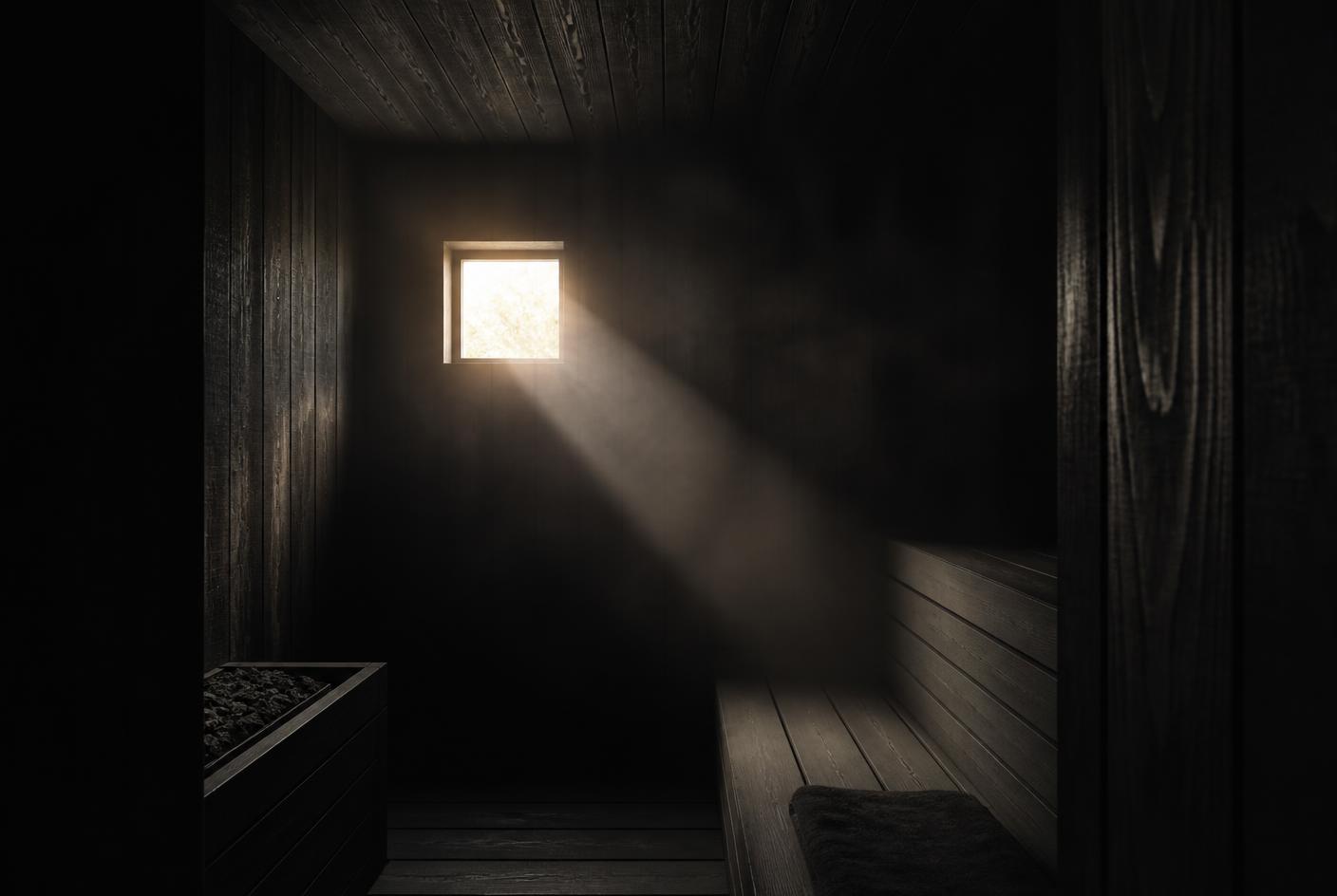 A small square window casting a single beam of daylight into a dark timber room